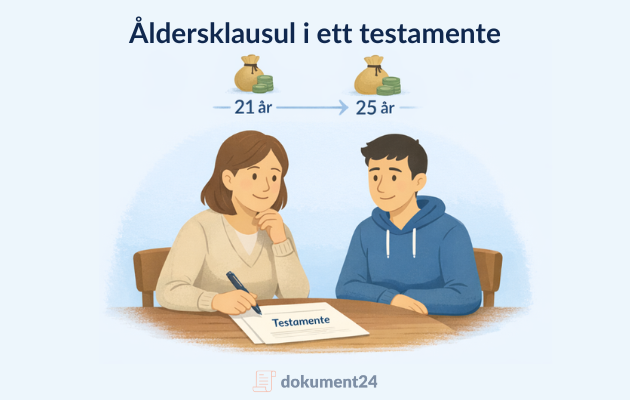 Illustration av en kvinna och en ung man som skriver under ett testamente. Texten visar en åldersklausul från 21 till 25 år.