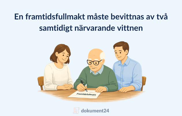 Illustration av en person som skriver under en framtidsfullmakt i närvaro av två vittnen.