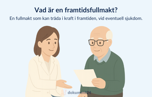 Vad är en framtidsfullmakt? Illustration av äldre man med dokument i handen i samtal med kvinnlig rådgivare om framtidsfullmakt vid sjukdom eller demens.