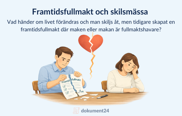 Illustration av ett par som separerar och en framtidsfullmakt som rivs sönder