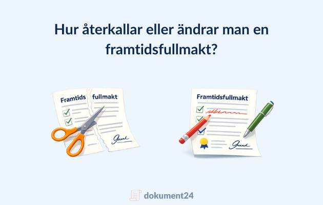 Illustration som visar hur man återkallar eller ändrar en framtidsfullmakt genom att riva dokumentet eller göra ändringar i det.