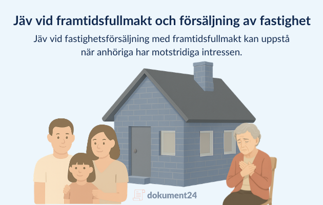 Illustration av familj, äldre kvinna och gemensam bostad vid jäv i samband med framtidsfullmakt och fastighetsförsäljning.