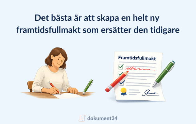 Illustration av en person som skriver en ny framtidsfullmakt som ersätter en tidigare version.