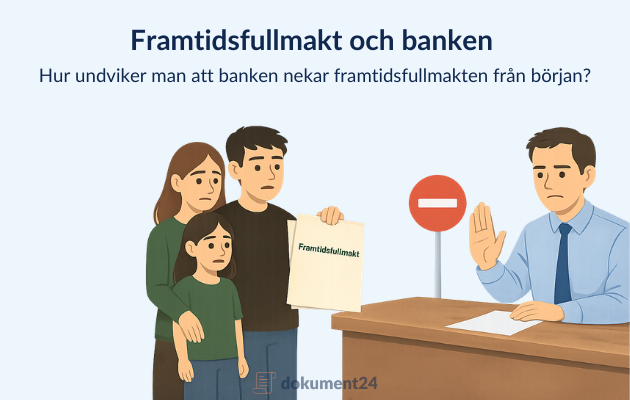 Illustration av en familj som visar en framtidsfullmakt för en banktjänsteman som signalerar avslag.