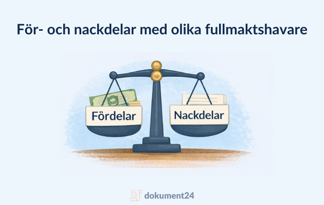 Illustration av en balansvåg med orden ”Fördelar” och ”Nackdelar” som visar jämförelse mellan olika fullmaktshavare.