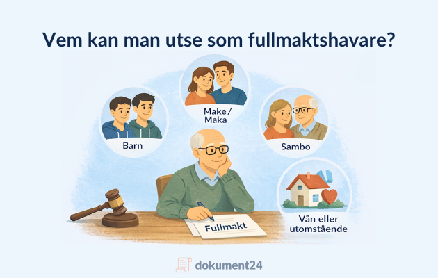 Illustration som visar vem man kan välja som fullmaktshavare i en framtidsfullmakt, till exempel barn, make, sambo eller en vän.