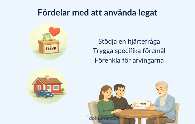 Illustration som visar fördelar med legat i testamente, såsom gåva till välgörenhet och överlåtelse av specifik egendom.